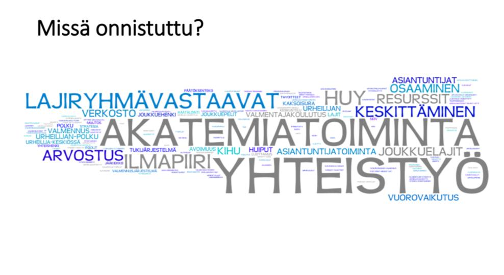 Kuva 2. Huippu-urheilun arvioinnin mukaan onnistuneita asioita. 2.2 Valmentajayhteisöt urheiluakatemioissa Urheiluakatemioiden valmentajayhteisöt muodostuvat valmentajista, jotka toimivat akatemiaan kuuluvien urheilijoiden valmennuksessa.