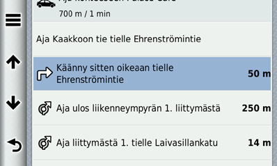 Käännösten näyttäminen Käännösluettelon näyttäminen Kun navigoit reittiä, voit näyttää koko reitin käännökset ja ohjausliikkeet sekä niiden välisen etäisyyden.