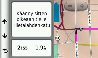 Seuraavan käännöksen sivun tarkasteleminen Kun navigoit autoilureittiä, seuraavan käännöksen, kaistanvaihdon tai muun ohjausliikkeen esikatselu näkyy kartan vasemmassa yläkulmassa.