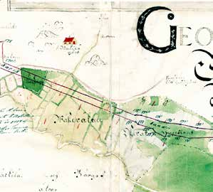 Vuoden 1734 kartalla näkyvät Machila gård, tien eteläpuolinen tonttimaa sekä Wäster- ja Österåkeriin jaetut pellot. KA/MHA B8:24/1-2. kuin 1730-luvullakin.