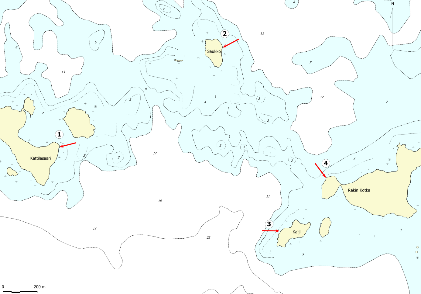 2. Tutkimusalue Vuonna 2005 perustettiin ja tutkittiin neljä vesikasvillisuuslinjaa Rakin Kotkan länsipuolelle suunnitellun ruoppauspaikan ympäristöön (kuva 2) (Leinikki 2005).