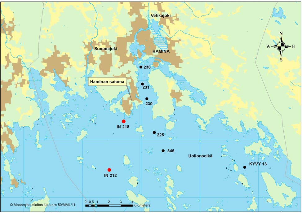 Kuva 2. Haminan satamahankkeen tarkkailun näyteasemia olivat asemat 236, 231, 230, 225, 346 ja Kyvy- 13.