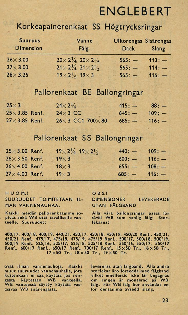 ENGLEBERT Korkeapainerenkaat SS Högtrycksringar Vanne Ulkorengas Sisärengas Fälg Däck Slang 26x 3.00 27x 3.00 26x 3.