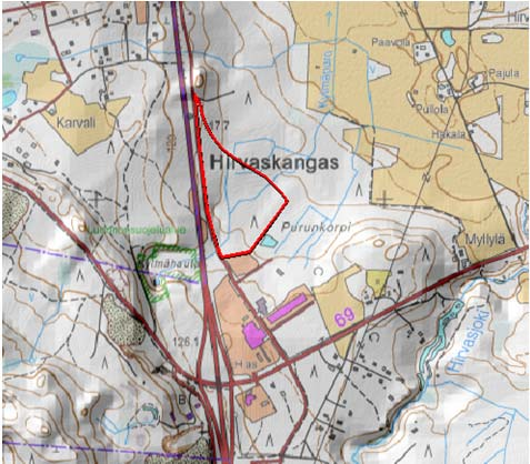 FCG Finnish Consulting Group Oy Kaavaselostus 5 (9) Hirvaskankaan topografiaa (MML). Suunnittelualue on tasainen.