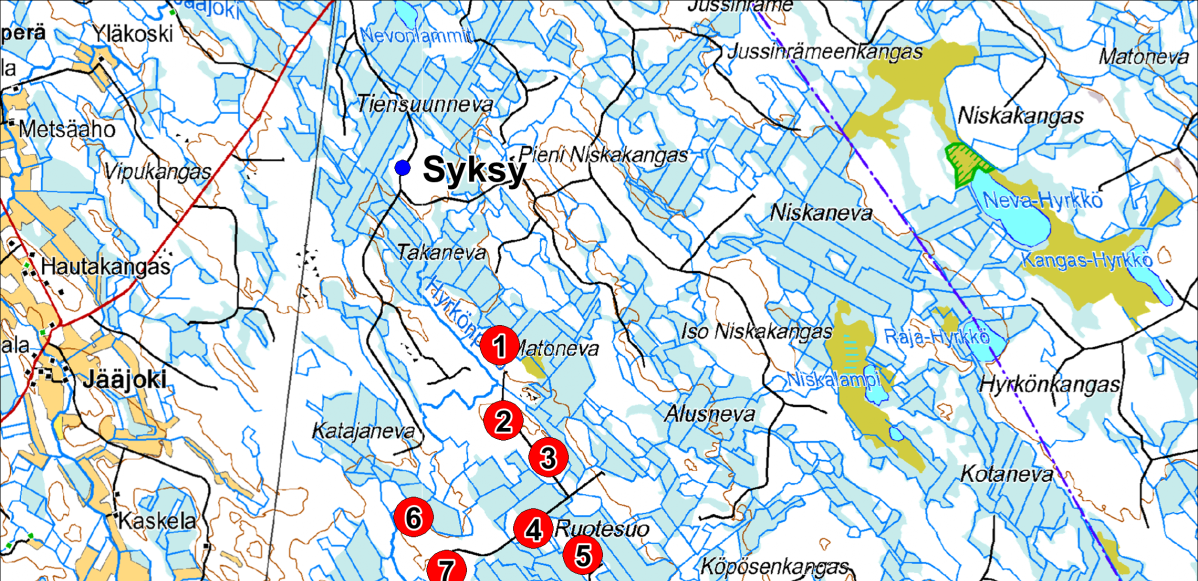 FCG SUUNNITTELU JA TEKNIIKKA OY 18 (32) Kuva 13 Muutonseurannassa käytetyt havainnointipaikat (siniset pisteet) suhteeessa hankealueeseen (kaavaillut voimalapaikat punaisella).