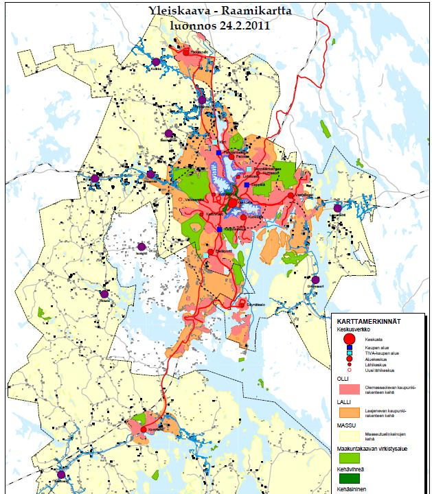 Jyväskylässä koko kaupungin yleiskaavoitusta on kehitetty strategiseen suuntaan Eri alueiden ohjaustarvetta on lähestytty kolmen vyöhykkeen avulla: -