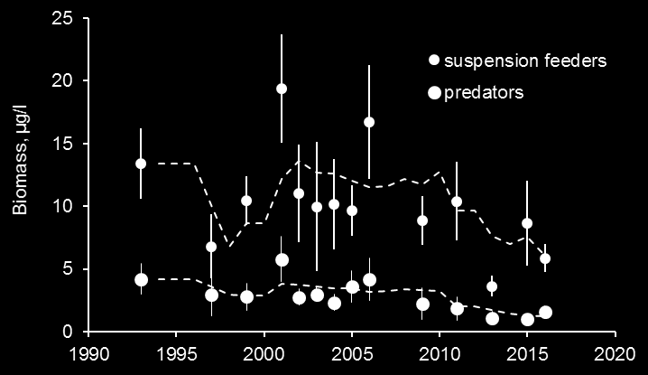 mikrosuodattajia, jotka keräävät vedestä pienikokoisia leviä, bakteereja ja/tai detritusta. Niiden biomassa on viime vuosina ollut vähenemään päin ja sama koskee petorataseläinten biomassaa (Kuva 8).