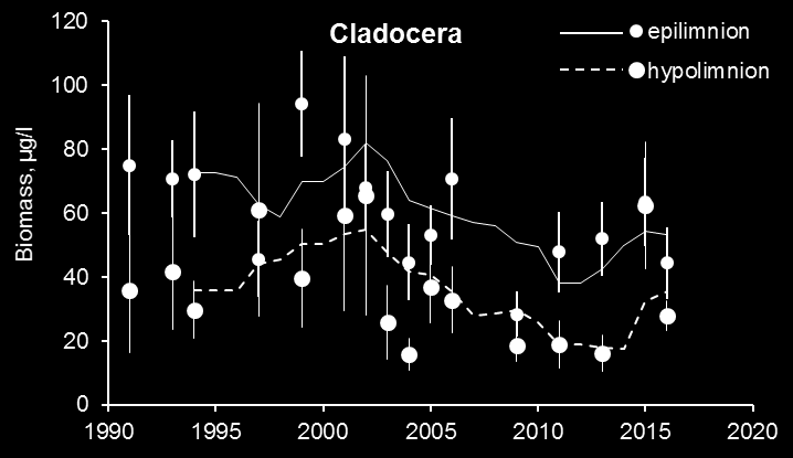 Niiden kokonaisbiomassa pysyi päällysvedessä kutakuinkin samalla tasolla 1990-luvulta 2000- luvulle mutta notkahti vuonna 2009 (Kuva 10).