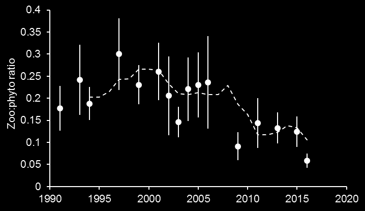 Enonselällä tämä biomassasuhde kasvoi 1990-luvun mittaan mutta kääntyi laskuun 2000-luvulla ja on ollut alhainen viimeisimpinä neljänä tutkittuna vuonna, alhaisimmillaan vuonna 2016 (Kuva 12),