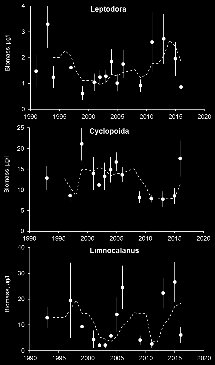 Eudiaptomus-hankajalkaisen biomassa väheni vuosina 2009, 2011 ja 2013 mutta kasvoi jälleen vuosina 2015-2016.