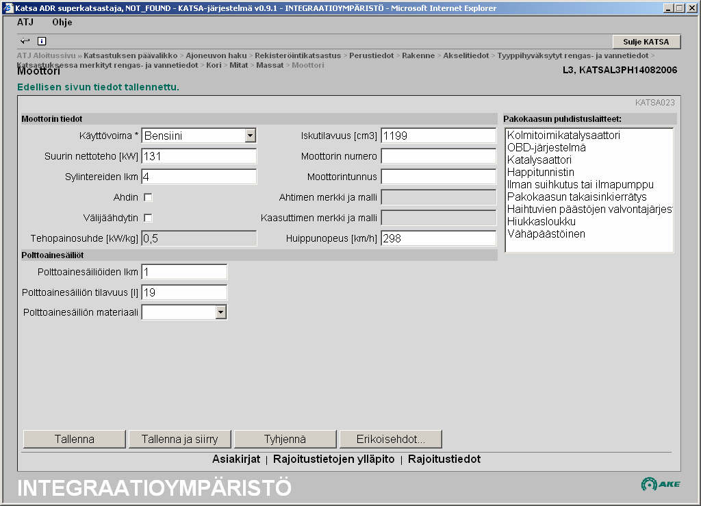 Moottori Lisää tarvittaessa tietoja, tässä tapauksessa ajoneuvoon on asennettu turboahdin.