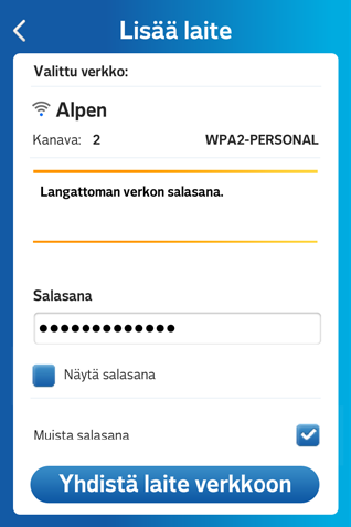 Vaihe 6/7 Laitteen yhdistäminen verkkoon Siihen tarvitset langattoman lähiverkkosi (WiFi) nimen ja salasanan.