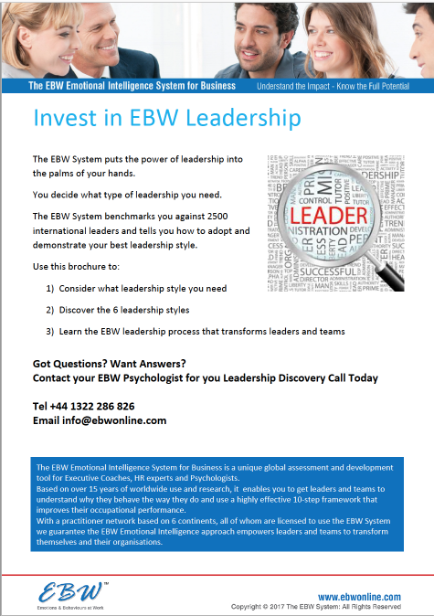 Investoi EBW johtajuustaitoihin EBW työelämän tunneäly järjestelmä antaa johtajuuden voiman sinun käsiisi! Sinä tiedät, millaista johtajuustyyppiä teillä tarvitaan.