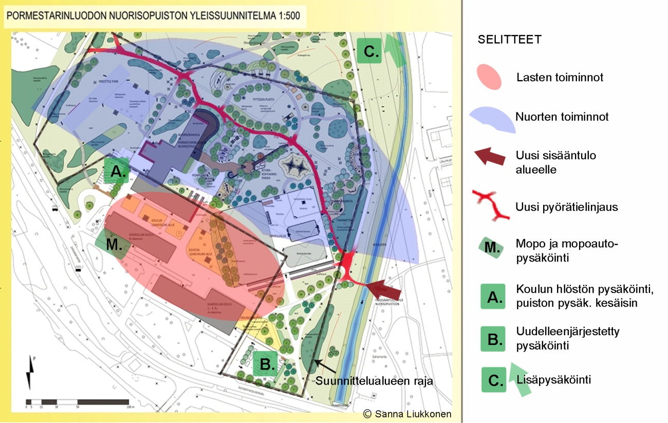 8 PORMESTARINLUODON NUORISOPUISTON SUUNNITELMARATKAISUT Opinnäytetyön tuloksena laadittiin Pormestarinluodon nuorisopuiston yleissuunnitelma.