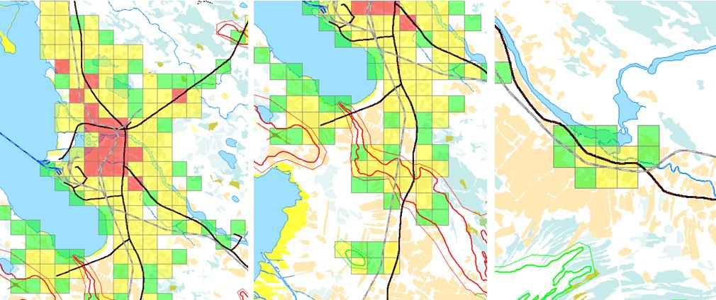 Kuva 21 Vaarallisten aineiden kuljetuksiin liittyvät riskitekijät ovat suurimmillaan silloin, kun rautatie tai maantie kulkee taajaman tai pohjavesialueen läpi (Oulu, Muhos, Liminka, Kempele,