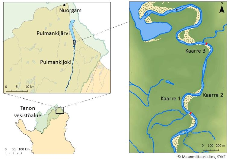 Kuva 10. Tutkimusalueena on Pohjois-Suomessa sijaitsevan Pulmankijoen kolmesta meanderikaarteesta koostuva jokiosuus, joka on rajattu karttaan punaisin viivoin.