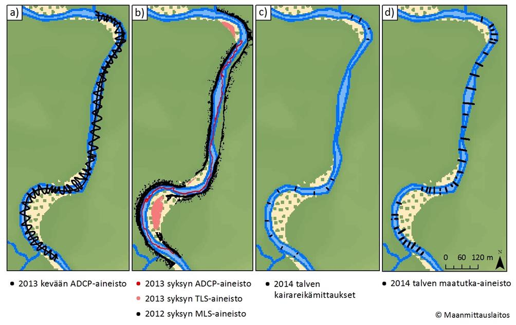 tutkimusalueen meanderien sisäkaarteiden särkät (kuva 12b). Aineisto rajattiin niin, ettei se mene päällekkäin kevään 2013 ADCP-aineiston kanssa.