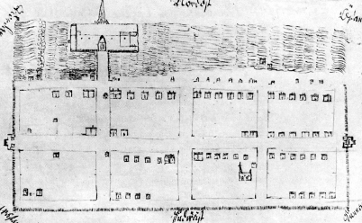 Kartta 2. Mahdollisesti Claes Claessonin laatima perspektiivipiirros Kajaanin kaupunista vuodelta 165 (Lähde: Vartiainen 131: 137). Kadut olivat huonokuntoisia.