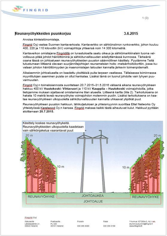 Maanomistajien tiedottaminen Maanomistajia tiedotetaan raivauksesta ja reunavyöhykepuiden käsittelystä Kirjeissä sekä