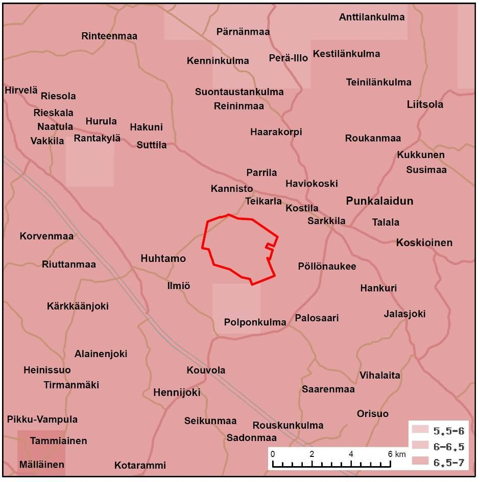 Kuva 11. Tuulisuus 100 metrin korkeudella maanpinnasta tuulivoimaosayleiskaavan alueella (Suomen tuuliatlas 20