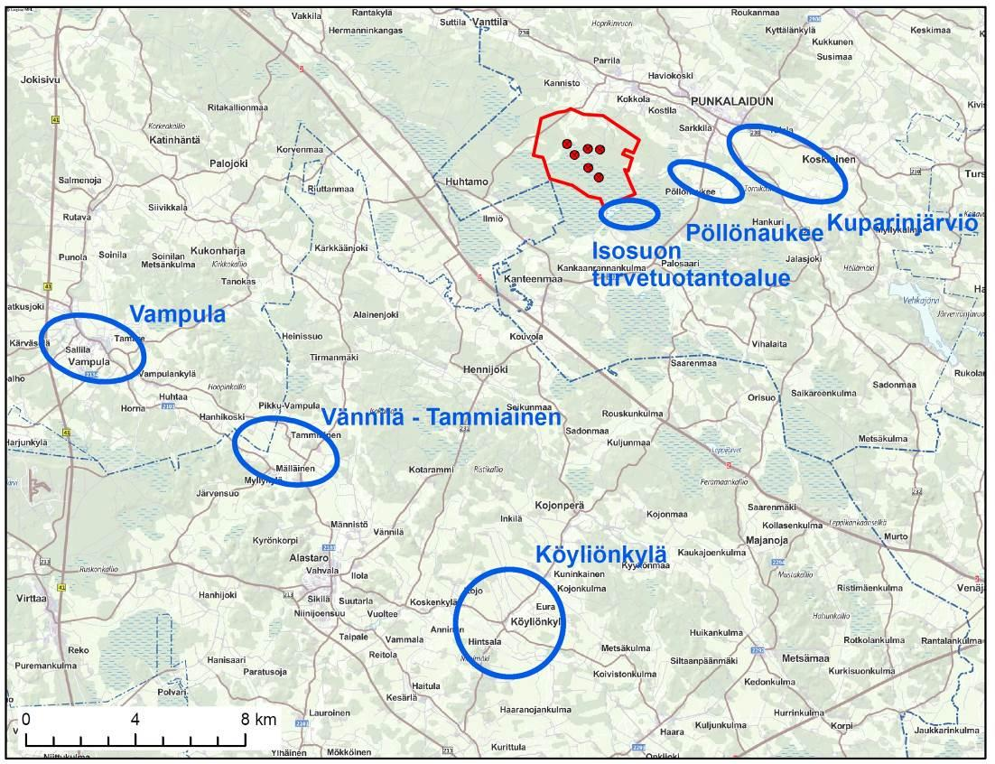 Kuva 13. Suunnittelualueen läheisyydessä sijaitsevat merkittävimmät hanhien lepäilyalueet.