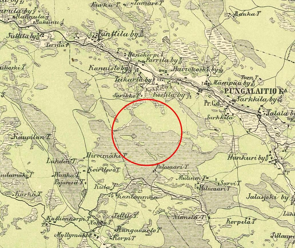 Kalmbergin kartasto vuodelta 1885 osoittaa edellisten tilojen lisäksi myös torppien paikkoja.