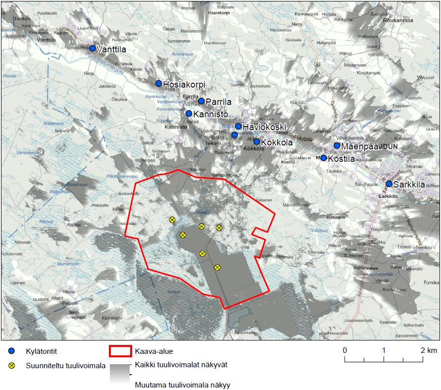 Kuva 75. Tuulivoimaloiden näkymäalue suhteessa Punkalaitumenjokilaakson historiallisiin kylätontteihin.