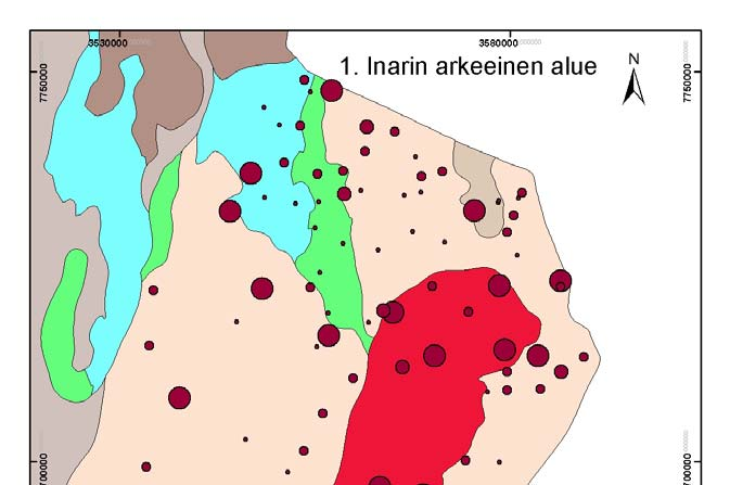 8 teista (muinaisia vulkaanisia kiviä) sekä merenpohjan savista syntyneistä kiillegneisseistä. Alueella on myös proterotsooinen, n. 1.