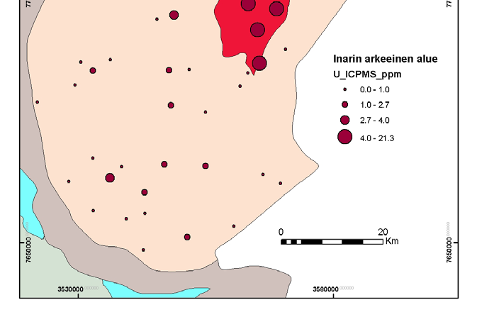 Vainospään graniitti erottuu aerogeofysikaalisilta gammasäteilykartoilta selvästi sekä uraani- että toriumkanavilla (Kuvat 2 ja 3).