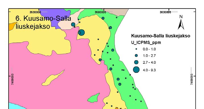 13 Kouvervaaran esiintymä, jota on tutkittu 1980- ja 2000-luvuilla. Liuskejakson alueelta löytyy uraanimalmiviitteitä sekä lohkareina että kalliosta.