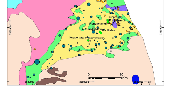 25 ppm) on mitattu kvartsia ja maasälpää sisältävästä arkoosikvartsiitista. Toriumpitoisuus on keskimäärin 4.51 ppm ja vaihteluväli 0.14-35.80 ppm. Th/U-suhde on 4.