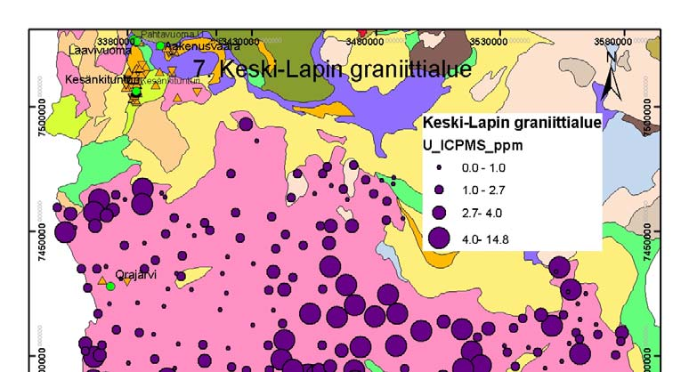 14 eelta ei tästä huolimatta tunneta kuin yksi pieni ja pitoisuudeltaan heikko esiintymä (Orajärvi), jossa on toriumia huomattavasti runsaammin kuin uraania.