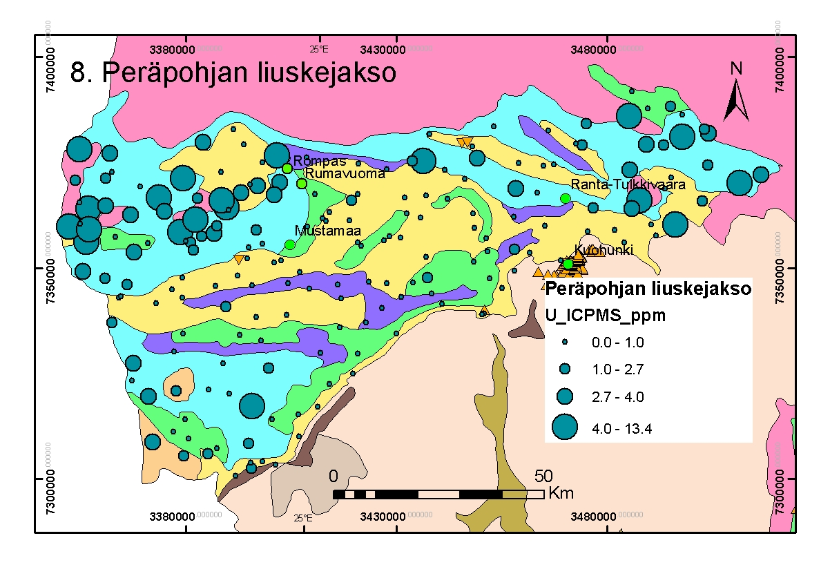 15 Peräpohjan liuskejakson alueella malminetsintä ei ole ollut yhtä aktiivista kuin Keski-Lapin tai Kuusamon alueilla, mutta alueelta tunnetaan joitakin uraanimalmiviitteitä sekä lohkareina että