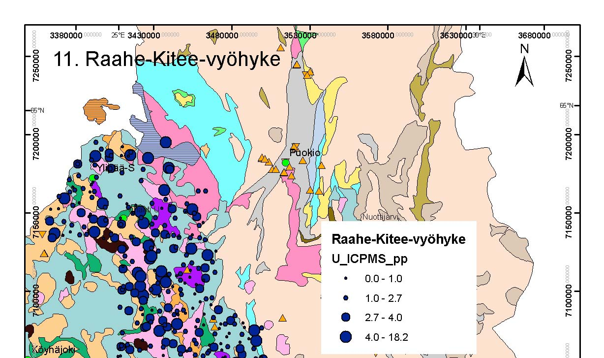 20 Kuva 16. Kallionäytteiden U-pitoisuudet (ppm) Raahe-Kitee-vyöhykkeen alueella (lähde: RGDB, GTK). 2.