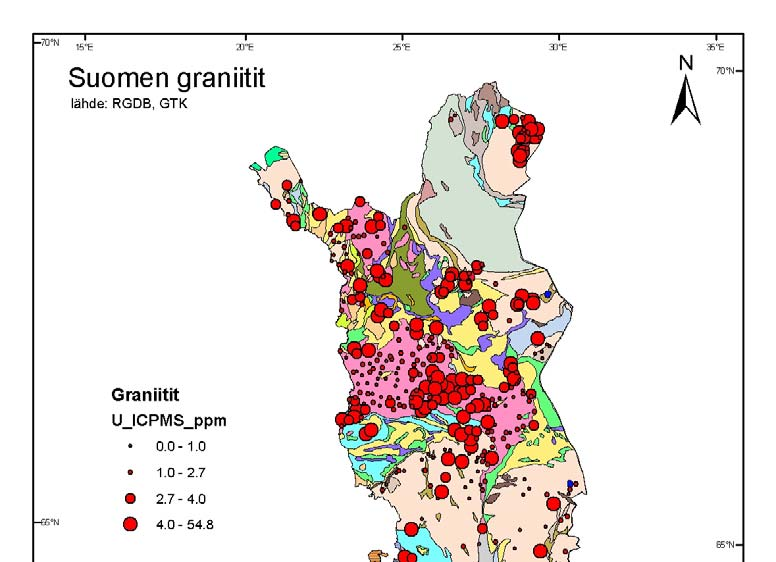 26 Kuva 21. Graniittinäytteiden U-pitoisuudet (ppm) Suomessa (lähde: RGDB, GTK). Pohjakartta: Suomen kallioperäkartta 1:5 000 000 (http://www.gtk.