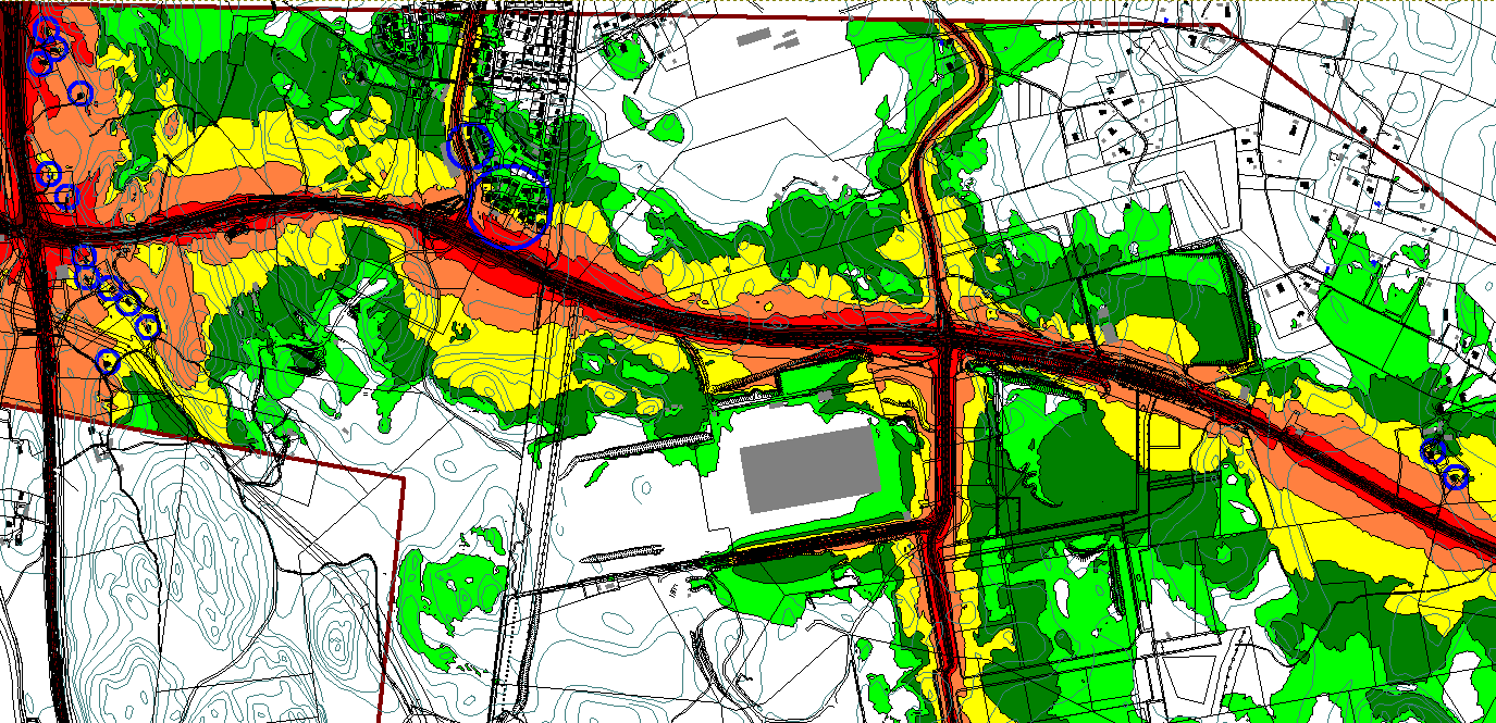 11/1 Kuva. Rakennukset/asuinalueet, joilla meluhaitta laskennan mukaan selvästi lisääntyy ennustetilanteessa v. 05 verrattuna nykytilanteeseen, on ympyröity sinisellä.