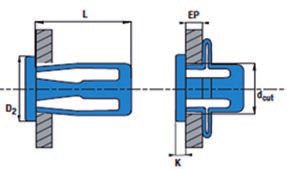 autot, veneet, huonekalut, valaisimet. Kierre L / mm EP (min-max)/mm D2 / mm Dcut / mm K / mm M4 16.8 12.4 8 M5 18.4 14 10 1.6 0.381-4.75 M6 18.