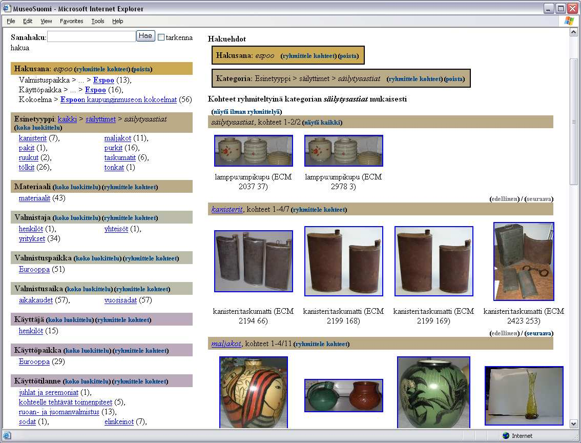 34 Kuva 9: MuseoSuomen hakusivu. Hakuehtoina hakusana espoo ja kategoria säilyttimet uudentyyppiset käyttötapaukset, kuten sellaisten kohteiden hakemisen, joilla ylipäätään on valmistaja.
