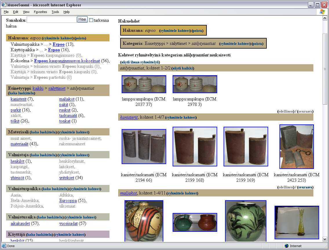 61 Kuva 16: MuseoSuomen hakusivu. Hakuehtoina hakusana espoo ja kategoria säilyttimet.