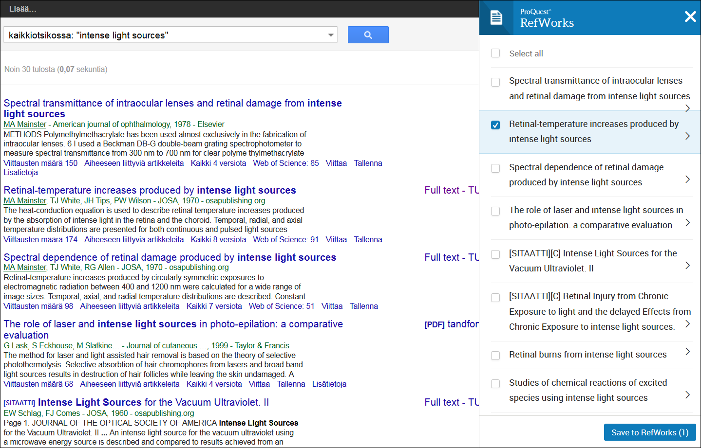 Save to RefWorks -työkalua voi käyttää myös hakutulosnäkymässä Ruksita