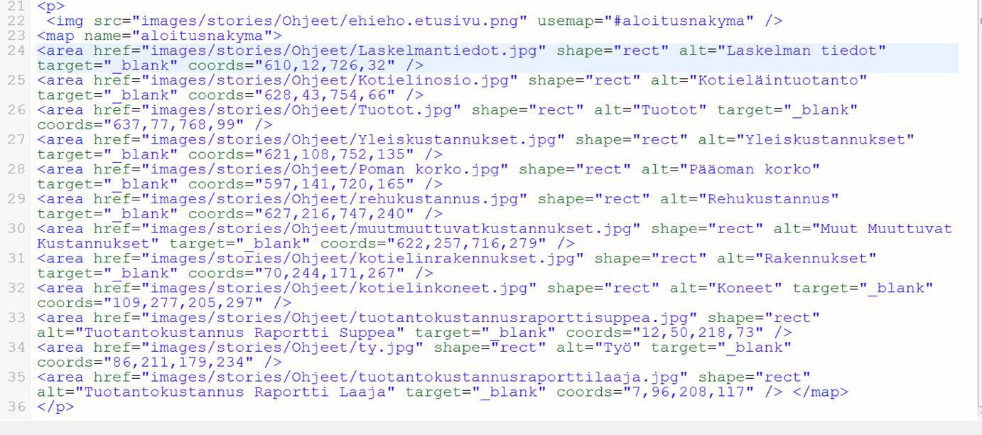 32 Kuvio 6. HTML-koodi, jolla kuvakartta toimii ehieho-ohjeissa, kokonaisuudessaan.