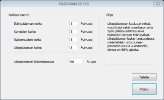 Pääoman korko -osiossa määritellään pääoman hinnat (eli korko) eri tarkoituksiin. Korkoprosentit määritetään jotta voidaan laskea sijoitetun pääoman korkokustannus tai vaihtoehtoinen tuotto.