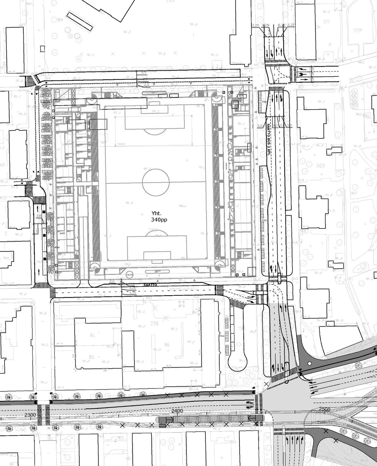 Salhojankatu Kalevan puistotie Tammelan stadion, asemakaava (luonnos) nro 8570 TUTKITUT AJORAMPPIVAIHTOEHDOT VE 7 Ajo sisään Ajo ulos Ilmarinkatu Saattobussit (Salhojankatu, Kalevan puistotie)