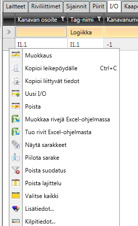 24 Tietokantatyökalulla voidaan myös käsitellä I/O-luetteloita. Luetteloita on myös mahdollista tuoda Excelistä ja viedä takaisin kätevästi kuvan 16 mukaisella valikolla. KUVA 16.