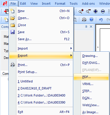 58 KUVA 66. Piirikaavioiden tulostus PDF-muotoon Oletuksena E 3 :lla voidaan tehdä kuvan 67 mukaisia luetteloita muun muassa piirtoarkeille sekä Exceliin.
