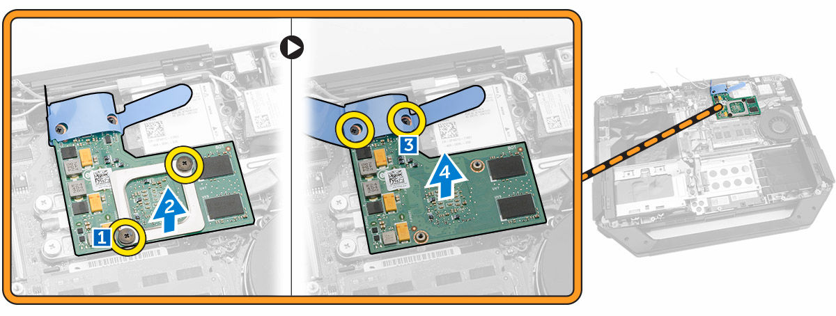 Grafiikkasuoritin (GPU) GPU-kortin irrottaminen 1. Noudata Ennen kuin avaat tietokoneen kannen -kohdan menettelyä. 2. Irrota seuraavat: a. akku b. kiintolevy c. optinen asema d. rungon suojus e.