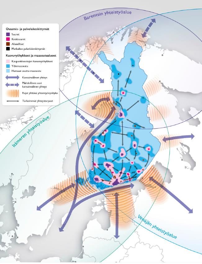 11 Aluerakenteen ja liikennejärjestelmän kehityskuva Aluerakenteen ja liikenteen kehityskuva, Uusiutumiskykyinen ja mahdollistava Suomi, perustuu valtioneuvoston ympäristöministeriölle, työ- ja