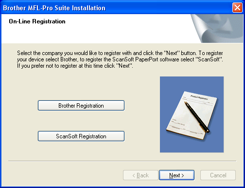 21 Kun Brotherin ja ScanSoftin On-line Registration (Internet-rekisteröinti) -ikkuna tulee näyttöön, tee valintasi ja seuraa näytön ohjeita. HUOM! laitetta ei voi rekisteröidä Suomesta.