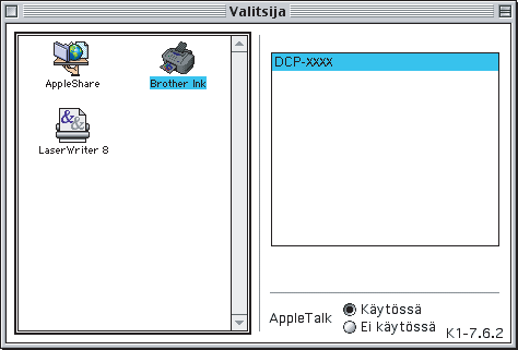Vaihe 2 Ohjainten ja ohjelmien asentaminen 12 Valitse Apple -valikosta Valitsija. 13 Osoita Brother Ink -symbolia. Valitse haluamasi laite Valitsija-ikkunan oikeasta laidasta. Sulje Valitsija.