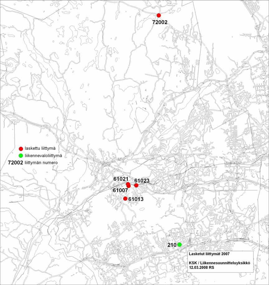 6 Liittymälaskennat 2007 Vuonna 2007 laskettiin liittymien kääntyvät virrat 5 liittymässä sekä saatiin tiedot 1 liikennevaloliittymästä.